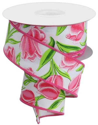 Tulips On Diagonal Weave Ribbon, Spring, White/Pink/Green, Wired Ribbon, 1.5" Wi - 第 1/1 張圖片