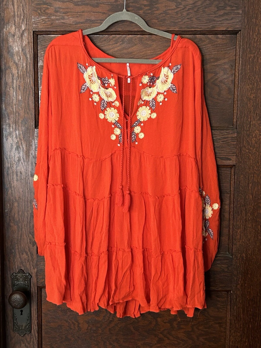spell on you embroidered mini dress FREE PEOPLE Poppy Red Spell on You Embroidered Mini Peasant Boho Dress Sz  XS