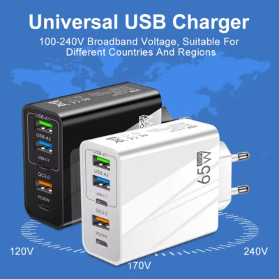 5-fach Schnellladegerät 65W Netzteil 2x USB-C + 3x USB Charger Mehrfach Stecker