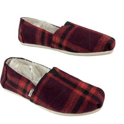 Toms Shoes Women Sz 9 Casual Slip-On Red Plaid Flannel Faux Shearling New