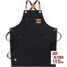 Chef Aprons for Men Women with Large Pockets, Cotton Canvas Water Black