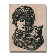 Wood Mounted Stamp, Vintage Girl With Cat, Animal,Face,Kitty,Kitten,Holding,Head