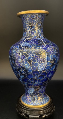 Vintage Chinese Cloisonné Blue Enamel Vase W Stand & Box 8.5” T - Afbeelding 2 van 8