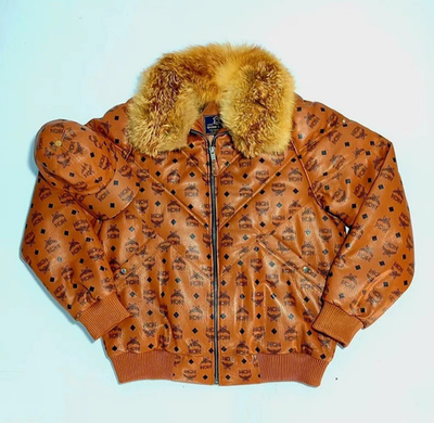 #ad MCM Cognac Monogram Leather Puffer Jacket w Fur Collar Matching Hat $215.99