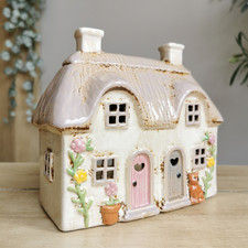 Double Thatched Cottage House Tealight Holder Village Pottery Candle Holder
