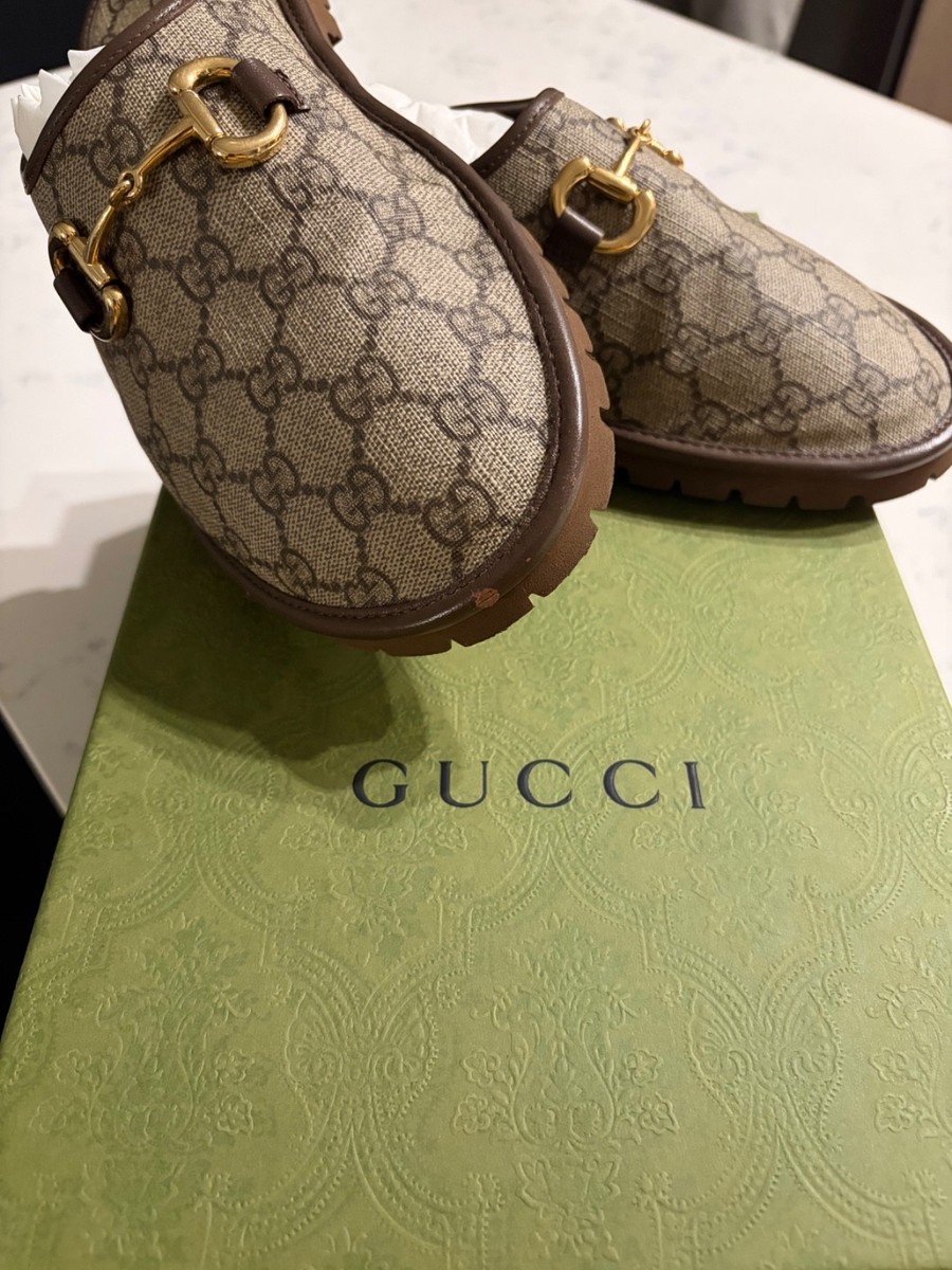 Gucci GG Logo Canvas Horsebit Brown Beige Round Toe Slip-On Mules