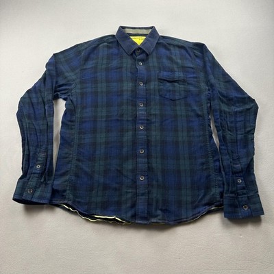 Descendant Of Thieves Shirt Flannel Mens Large Blue Green Plaid Button Up Cotton