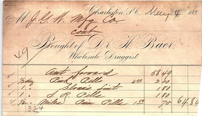 1894 Charleston SC Dr. W. Baer Wholesale Druggist Billhead