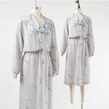 Vintage 70s Gray Floral Cherry Blossom Sheer Blouson Scarf Neck Midi Dress S M