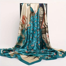 Scarf Peacock Print Satin 35.4" Square Wrap Stole Embroidery Lace Shawl Hijab