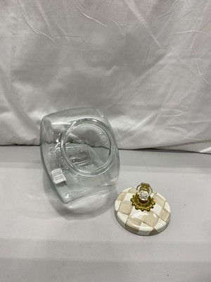 Mackenzie Childs Glass 4qt Cookie Jar W/ Mocha Check Lid