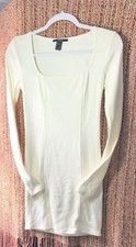 Forever 21 Women Small Ivory Square Neck Bodycon Mini Dress Long Sleeve Contour 