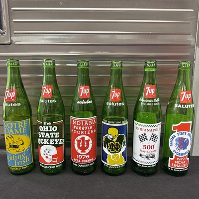 6- Vntg 7up Salute Soda Pop Bottle Lot Ohio State, Indiana, Notre Dame, Indy 500