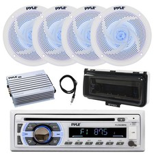 Pyle Marine CD Receiver, Amp, 4x 4" 100W LED Speaker, Antenna, Cover White 