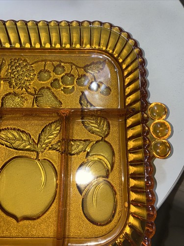Vintage Indiana Glass Amber Divided 5 Part Relish Serving Dish Fruit Design - Picture 3 of 8