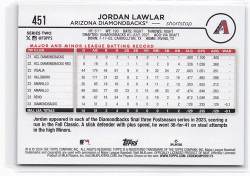 2024 Topps Jordan Lawlar #451 Arizona Diamondbacks - Picture 2 of 2