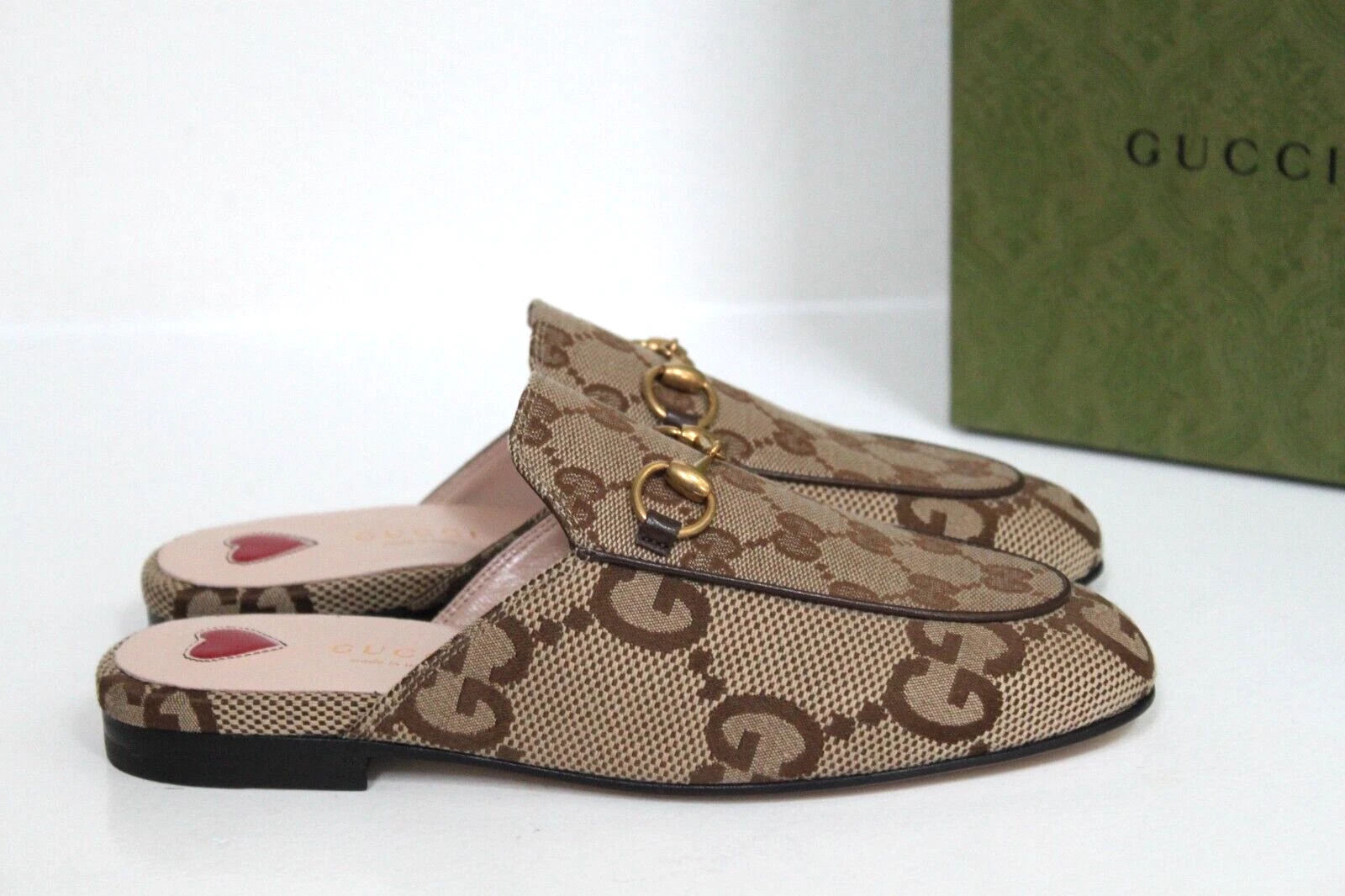 Chaussures plates mule toile marron Gucci Princetown Horsebit logo GG neuves taille 4,5 / 34,5
