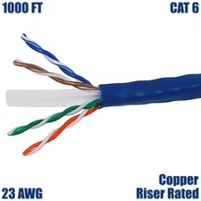 1000FT Cat6 Ethernet Network UTP Cable Riser CMR 23AWG Solid Copper Wire Blue