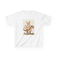 Whimsical Kids Tee: 'On the Hunt' Bunny & Dinosaur Design, Perfect for Easter