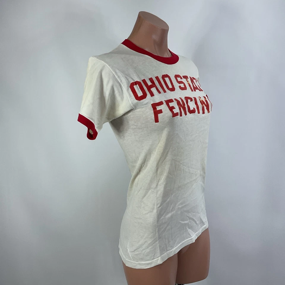 Camisa Vintage Champion Ohio State Fencing Buckeyes Para Hombre Pequeña Blanca Años 70 Timbre Foto 4 de 4