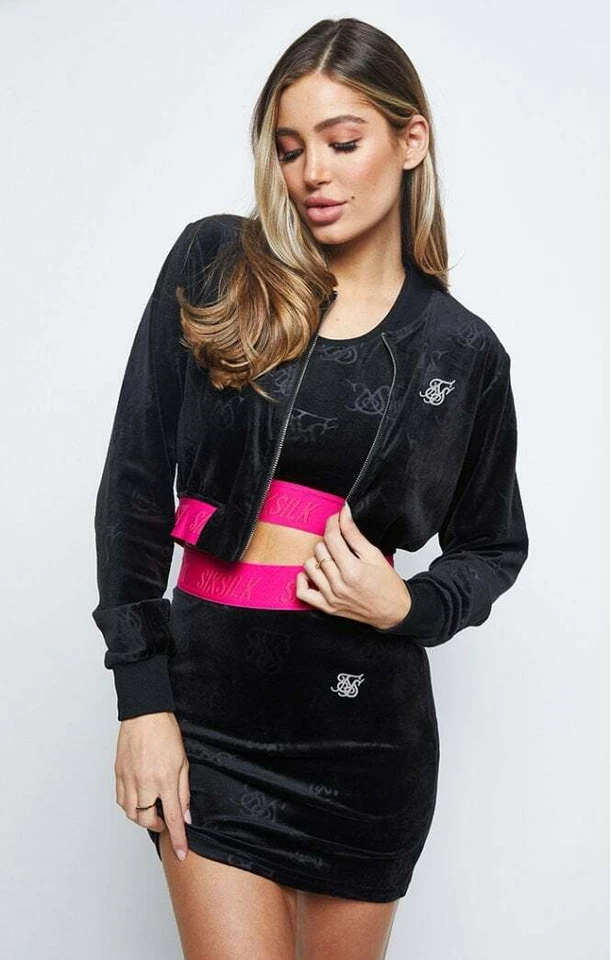 SikSilk Womens Black Monogram Embossed Velour Bomber UK10 Small - Image 4 of 4