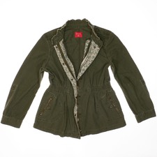 Elle Military Jacket Womens Size M Army Green Distress Full Zip Elastic Waist