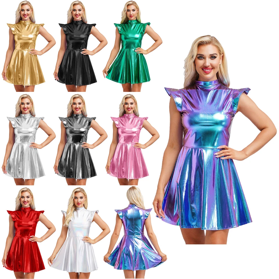 MARKENLOS DE Damen Metallic Kleid Lackleder Alien Kostüm mit Stehkragen A-Linie Partykleid