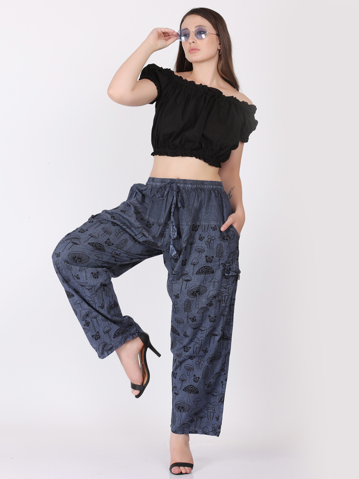 Pantalón de bolsillo con estampado de setas de algodón para mujer con cordón lote de mezcla al por mayor