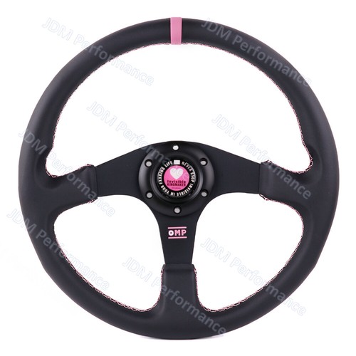New Pink OMP 350mm 14'' Genuine Leather Racing Sport Steering Wheel - Picture 4 of 12
