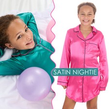 Girls Silky Satin Luxury Nightshirt Button Up Nightie Sleep Shirt PJs 9-13 Years
