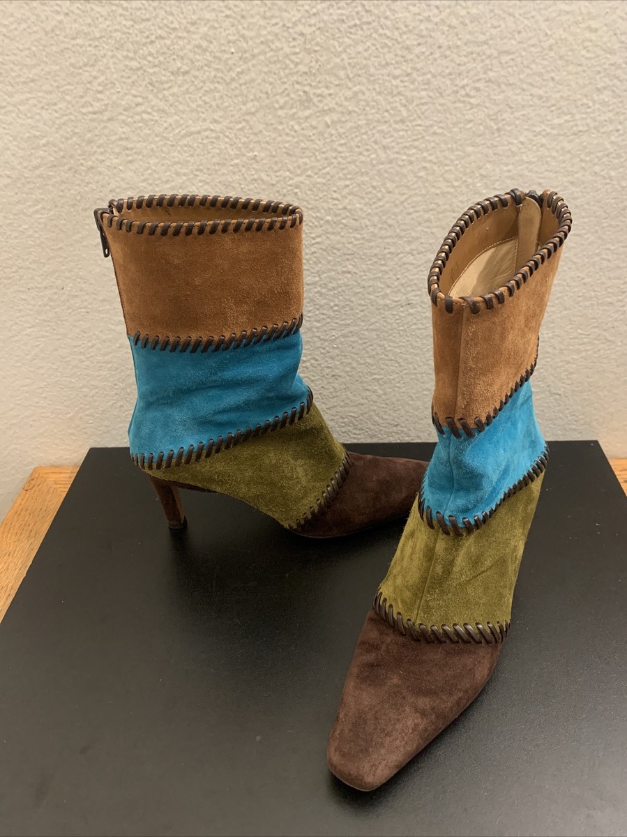 Vtg Salvatore Ferragamo Suede Stitched Ankle Heel Boots Tan  display picture 1