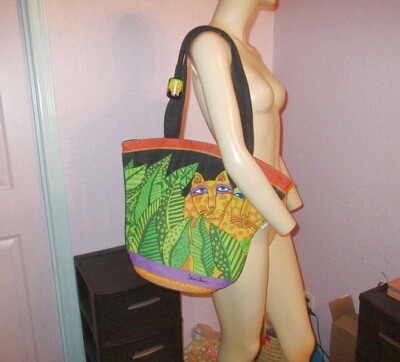 Vtg Laurel Burch Cats Tote Bag Wood Kitty Charm Jungle Artsy Carryall Colorful