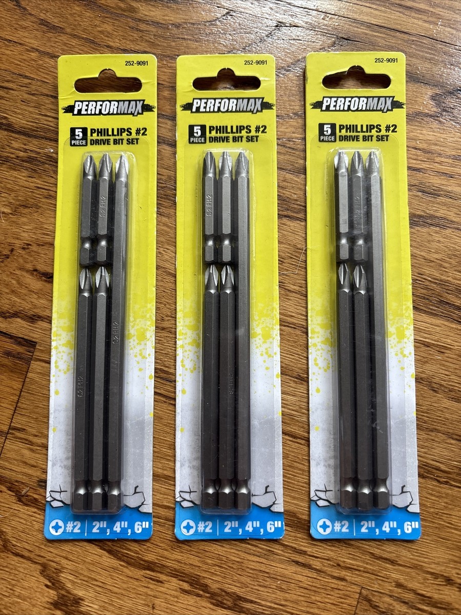 NIP Lot of 3 Performax 5-Piece Phillips #2 Drive Bit Sets 2” 4” 6