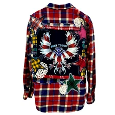 Upcycled Flannel Shirt Shacket Women 1X Patriotic July Patchwork Folk Art Grunge
