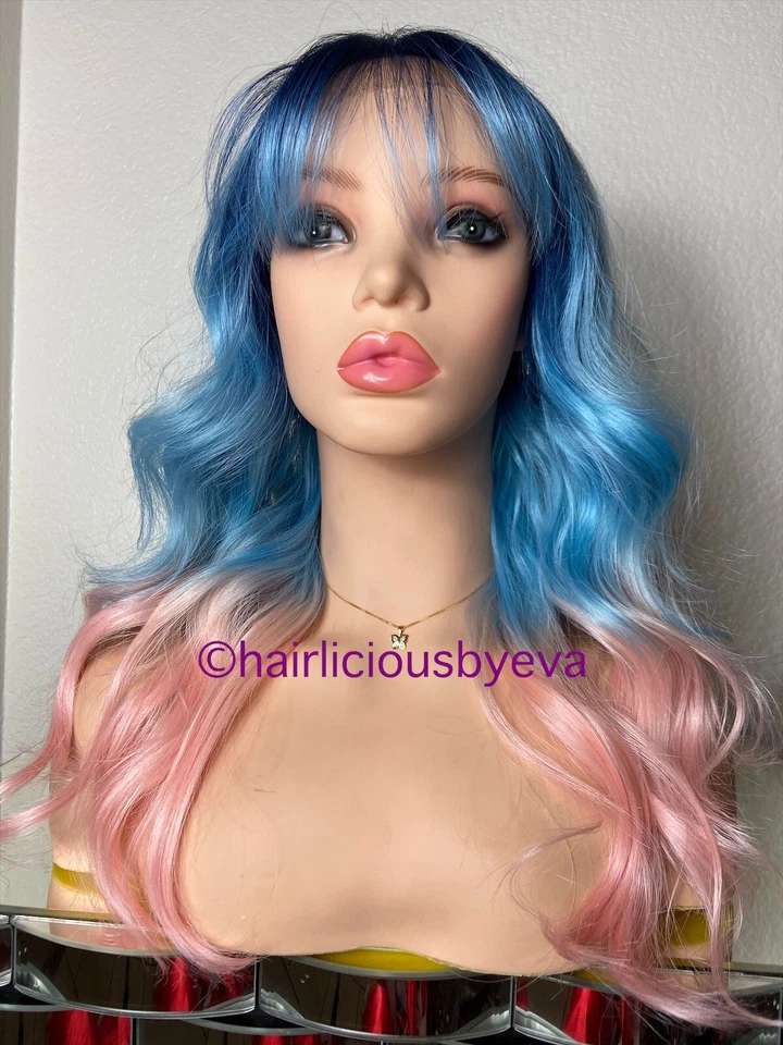 Peluca Pastel Arco Iris Ombré Bangs Azul Claro Rosa Encaje Frontal 20” Largo Calor Ok Foto 2 de 4