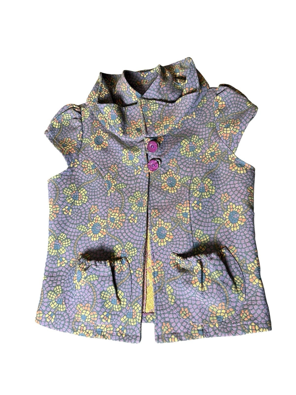 Wearable Art Sculptural High Neck Collar Jacket Vest Sz S/M Purple Floral Twee