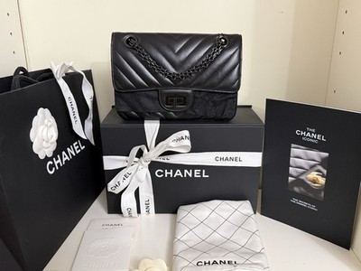 Chanel So Black Reissue 2.55 Flap Bag Chevron Aged Calfskin Mini BNIB Full Set