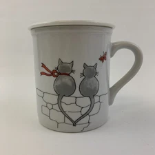 Vintage Toscany Cat Couple Happy Together Coffee Tea Mug with Cover Lid Japan