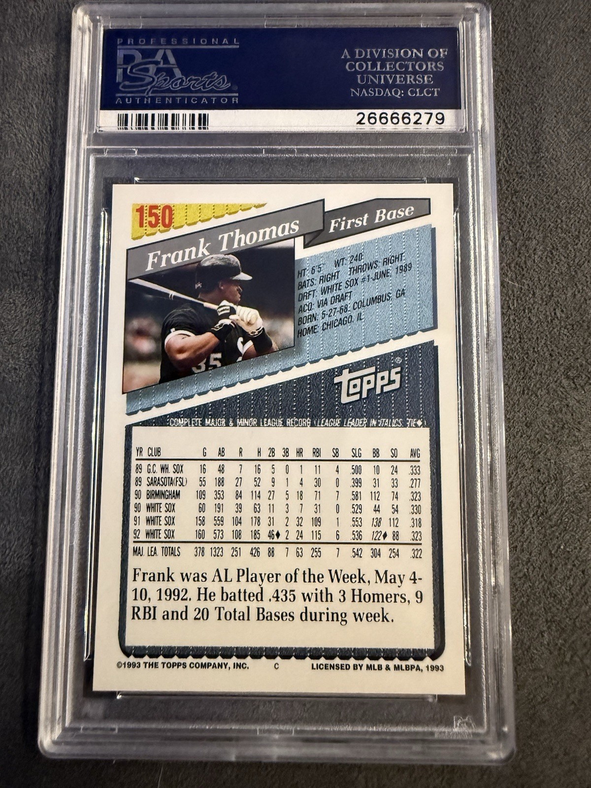 Topps 1993 Frank Thomas #150 PSA 10 Base Set Chicago White Sox (26666279) view 2