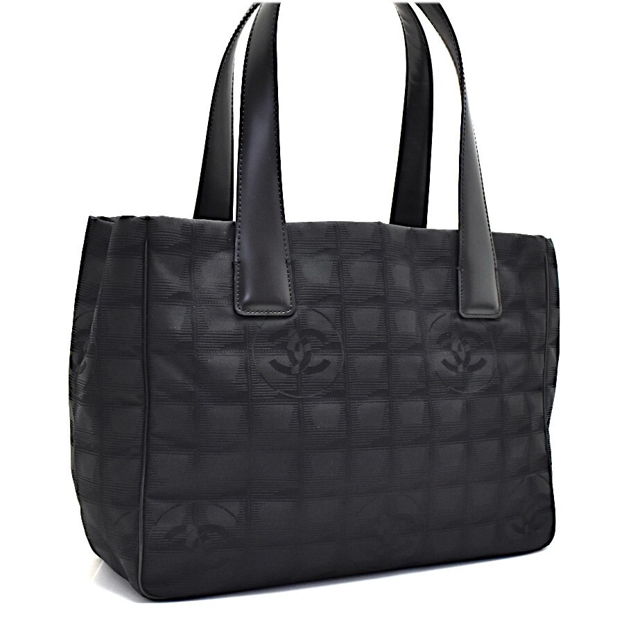 CHANEL PM Neutral Travel Tote Bag in Black Nylon Jacquard with Leather Trim A20457