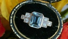 2.10CT Vintage Style Art Deco Aquamarine Diamond Ring 14K White Gold Finish