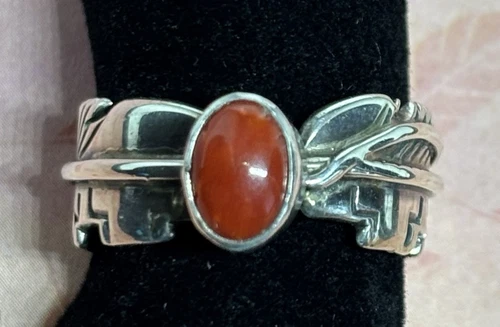 Vintage Native American Artist H Mace Coral Ring Size 6.5 Silver Feather Design