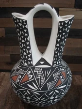 Native American Acoma Pueblo Fine Line Hand Painted Wedding Vase by Concho