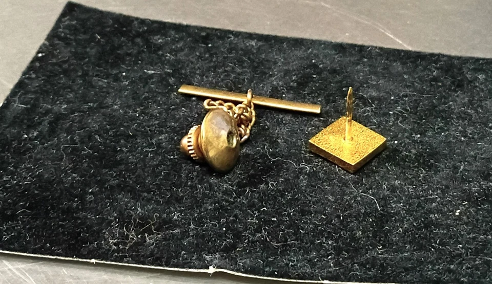 Vintage Gold Tone Tie Tack Pin With Chain Black Diamond w/ Clear Rhinestone - Image 3 of 3