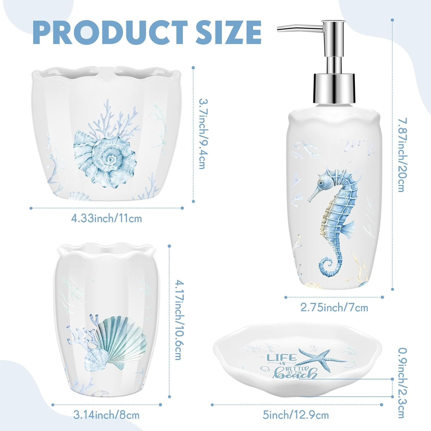 4 Pcs Beach Bathroom Accessories, Ocean Animals Bathroom Decor, under the Sea Tu