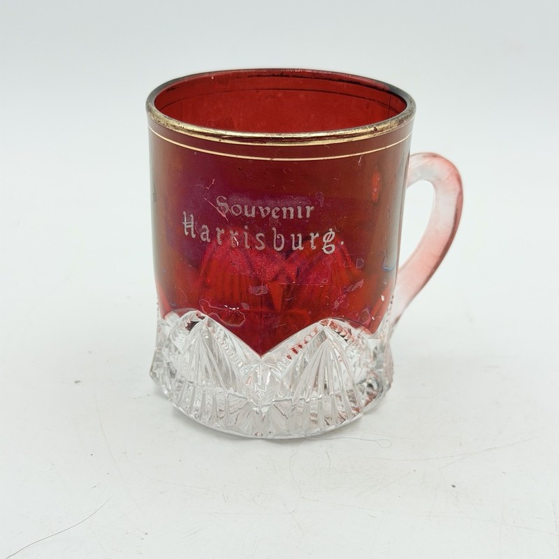 Antique Ruby Flash Souvenir Harrisburg PA Glass Mug Cup Etched Gold Rim 3”