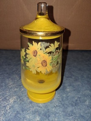 Vintage MCM Footed Glass Vanity Jar with Lid Yellow Floral Sunflower Home Decor