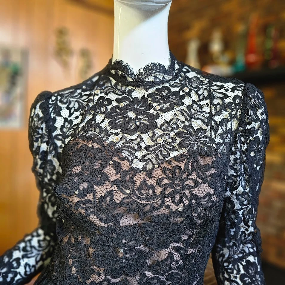 Vtg 80s 40s Sweetheart Nude Illusion Lace Lillie Rubin Velvet Cocktail Dress S/M - Image 2 of 4