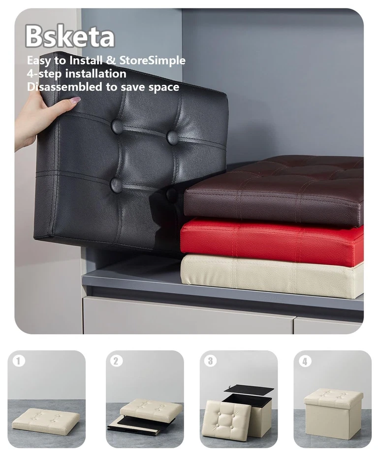 Otomana de almacenamiento, taburete plegable para pies con asiento acolchado de espuma más gruesa cuero pequeño... Foto 3 de 4