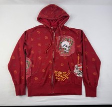 Vintage Ed Hardy Skulls Tattoo Anchor Heart Hoodie Y2K Red Size Small